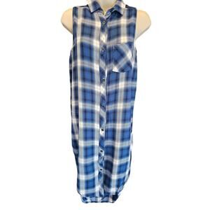Rails Jordyn Tunic Top Open Sides blue teal plaid  Check XS EUC button front